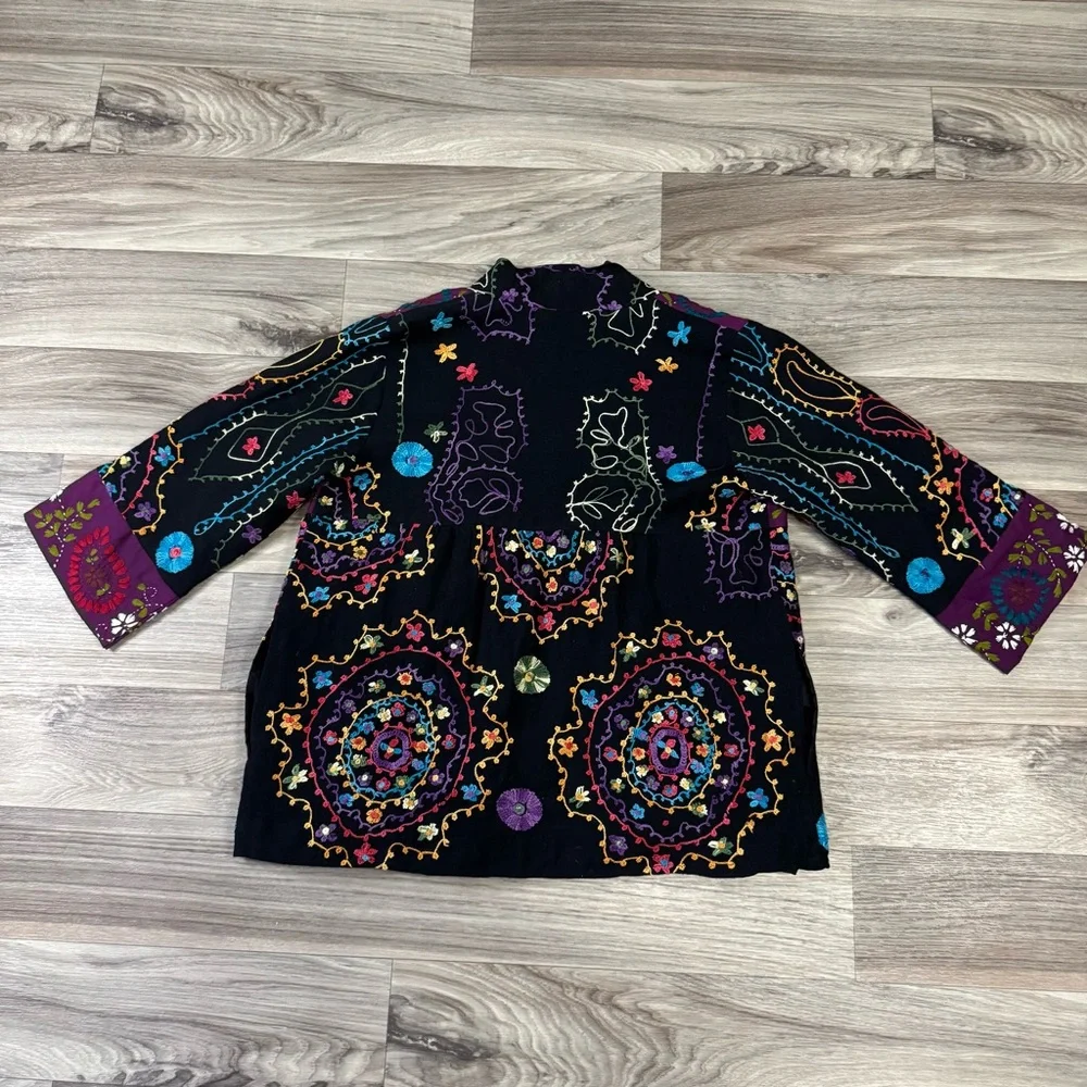 Anu Floral Embroidered Wool Blend Open Front Cardigan Jacket Size Small